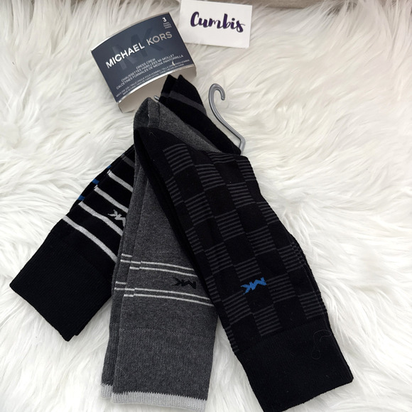 MICHAEL KORS 3 Pairs Men's Dress Crew Socks Black Gray Stretch Smooth Toe New - Picture 1 of 9